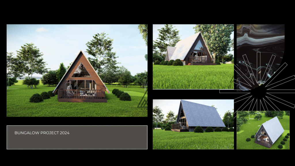 (Bungalow Project 2024 - Dış Cephe) "Bungalov Projesi 2024. Modern A-frame (üçgen ev) ahşap mimari tasarım. Dış cephe 3D mimari görselleştirme ve peyzaj render görselleri."