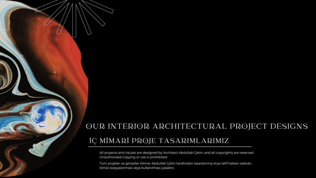 İç Mimari Proje Tasarımlarımız. Mimar Abdullah Çetin imzalı konut, salon, mutfak ve ticari mekanlar için özgün iç mimari konseptler ve 3D renderlar.