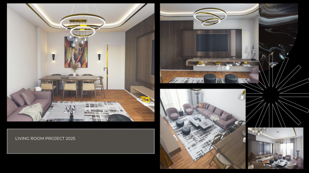 Salon Projesi 2025. Koyu ahşap tonlarında modern oturma odası ve yemek bölümü. İç mimari 3D render ve aydınlatma tasarımı çalışması.