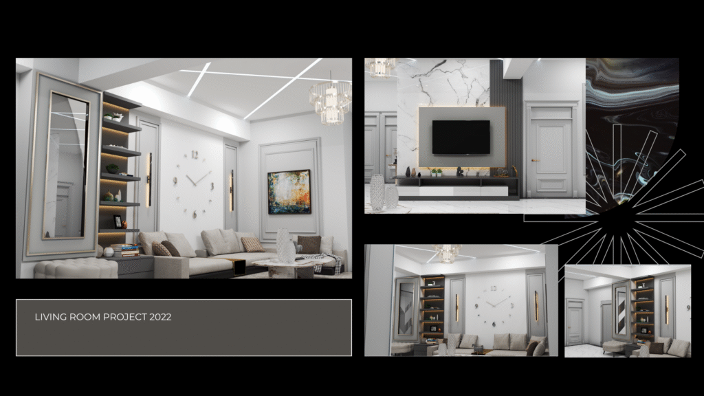 Salon Projesi 2022. Ferah ve aydınlık oturma odası tasarımı. Mermer TV ünitesi, lineer tavan aydınlatması ve modern dekorasyon 3D renderları.
