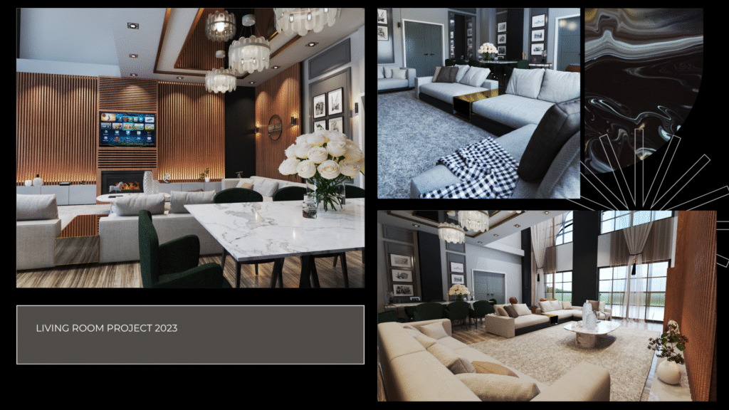 "Salon Projesi 2023. Lüks oturma odası iç mimari tasarımı. Ahşap panel duvar, şömine ve mermer yemek masası detaylı 3D render görselleri.