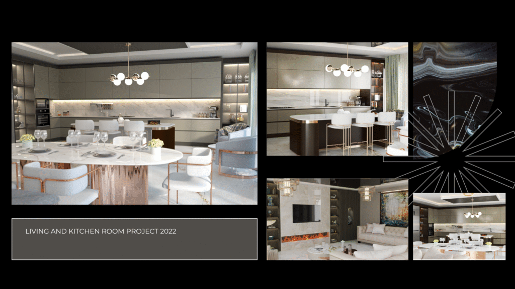 çık Plan Mutfak & Salon 2022. Lüks iç mimari tasarım. Ada mutfak, şömineli yaşam alanı ve modern mobilya 3D görselleştirme çalışması.