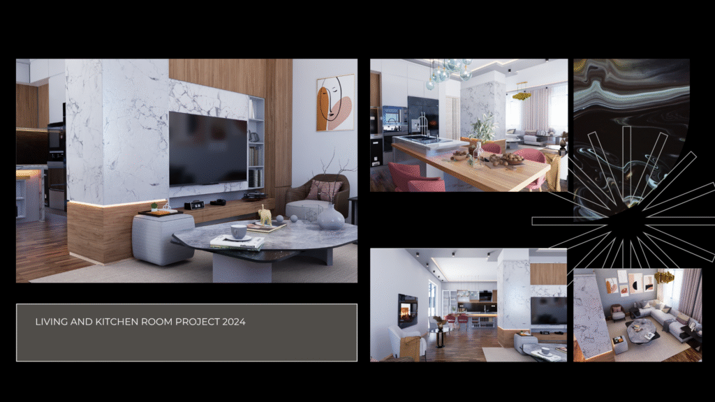 Açık Plan Mutfak & Salon 2024. Mermer TV üniteli modern oturma odası ve ahşap ada mutfak tasarımı. İç mimari 3D render portfolyosu.