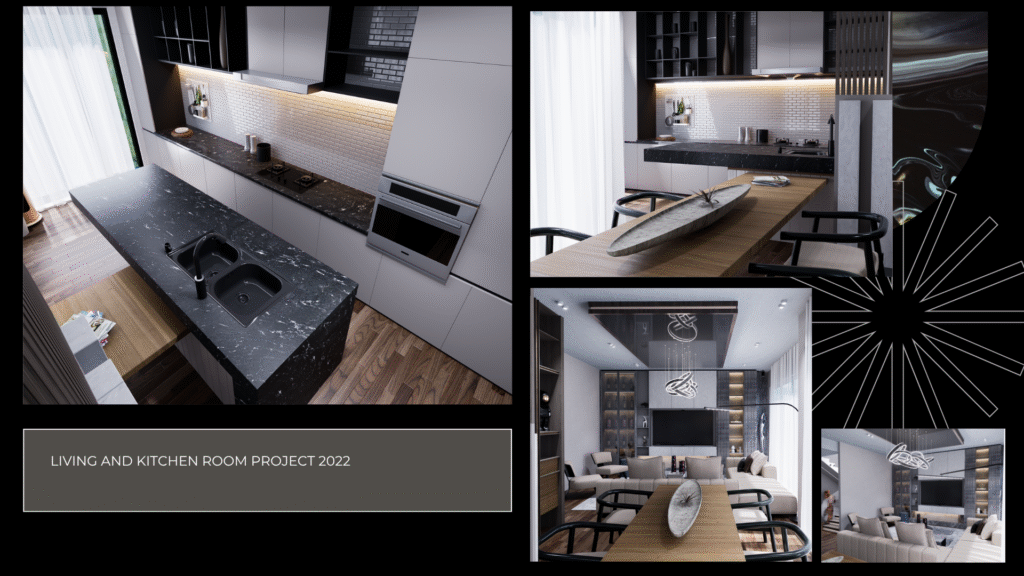 Açık Plan Mutfak & Salon 2022. Modern siyah granit ada mutfak tasarımı ve lüks oturma odası konsepti. Mimar Abdullah Çetin iç mimari projesi.