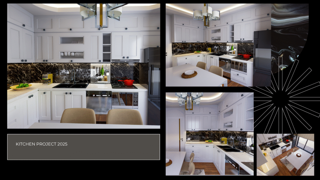 utfak Projesi 2025. Klasik beyaz country tarzı dolaplar ve siyah mermer tezgah arası. L mutfak iç mimari 3D görselleştirme çalışması
