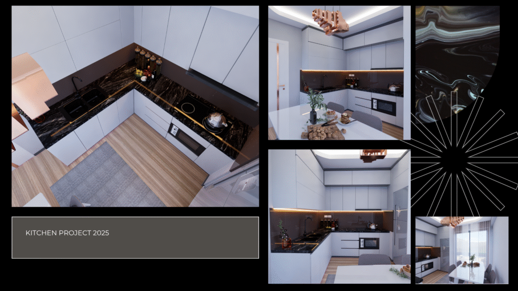 Mutfak Projesi 2025. Modern L mutfak tasarımı. Siyah mermer tezgah, beyaz dolaplar ve rose-gold aydınlatma detaylı 3D render.