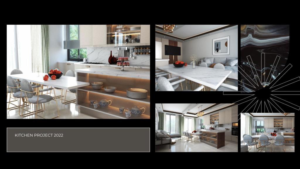 çık Plan Ada Mutfak Projesi 2022. Mermer ada ve yemek masası bir arada. Lüks ve modern mutfak iç mimari tasarımı ve 3D render görselleri.