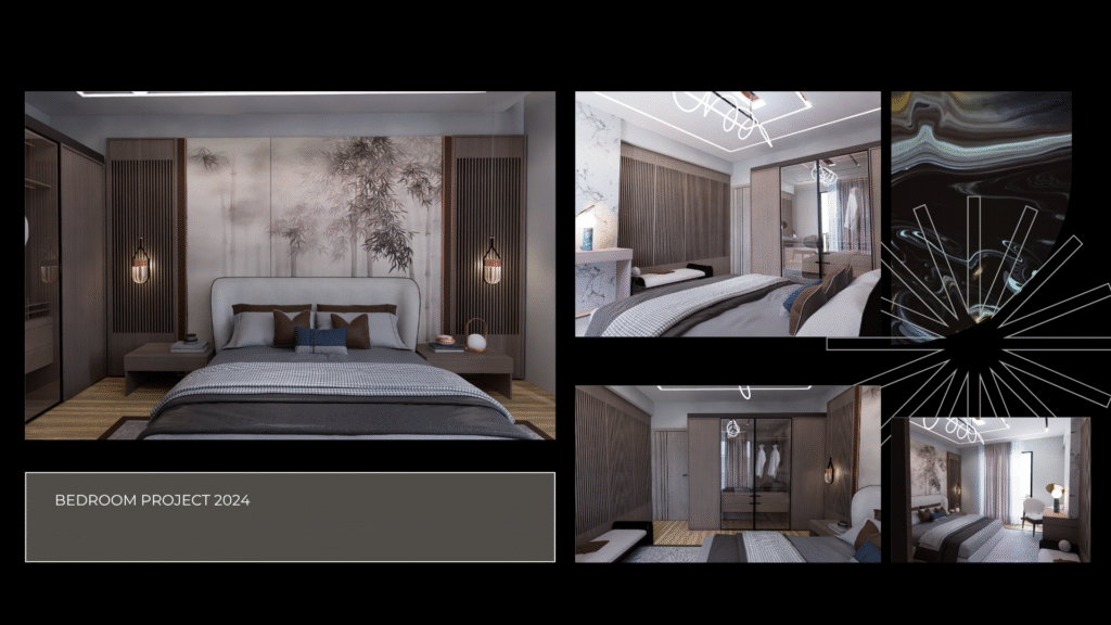 Yatak Odası Projesi 2024. Zen tarzı modern yatak odası tasarımı. Bambu duvar dekoru, ahşap paneller ve giyinme odası 3D görselleştirmesi.