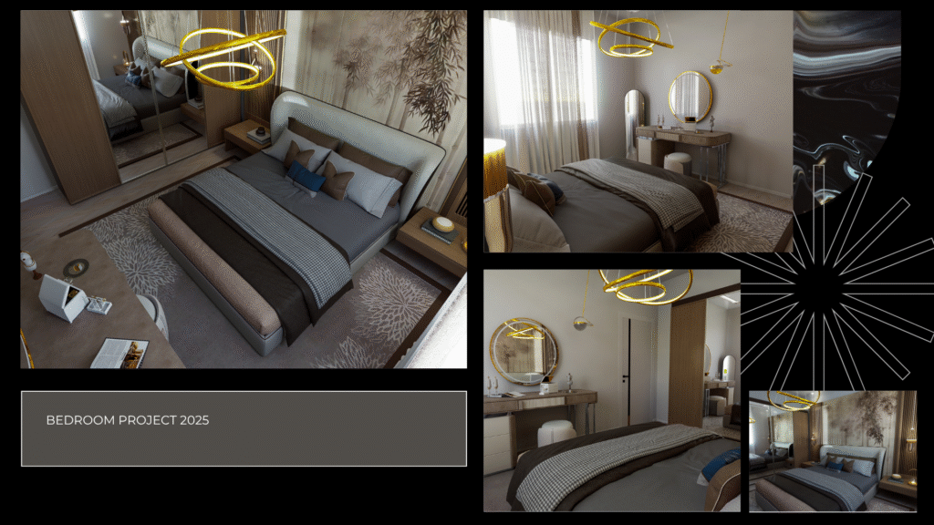Yatak Odası Projesi 2025. Modern ve şık yatak odası iç mimari tasarımı. Dekoratif yatak başlığı, makyaj masası ve modern aydınlatma 3D render.