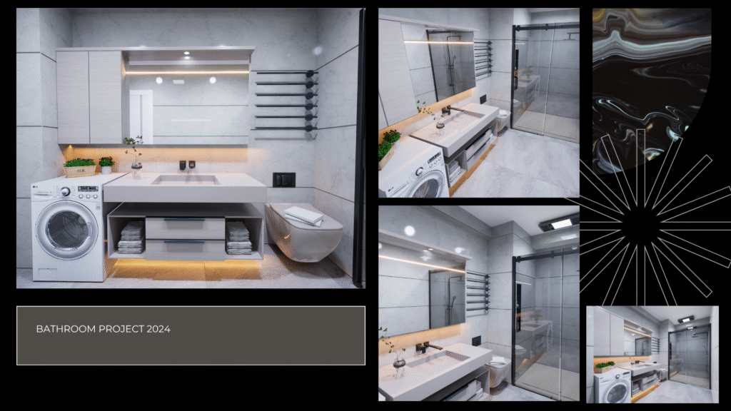 Banyo Projesi 2024. Beton görünümlü modern banyo tasarımı. Çamaşır makinesi alanı, duşakabin ve yüzer lavabo detaylı 3D iç mimari render.
