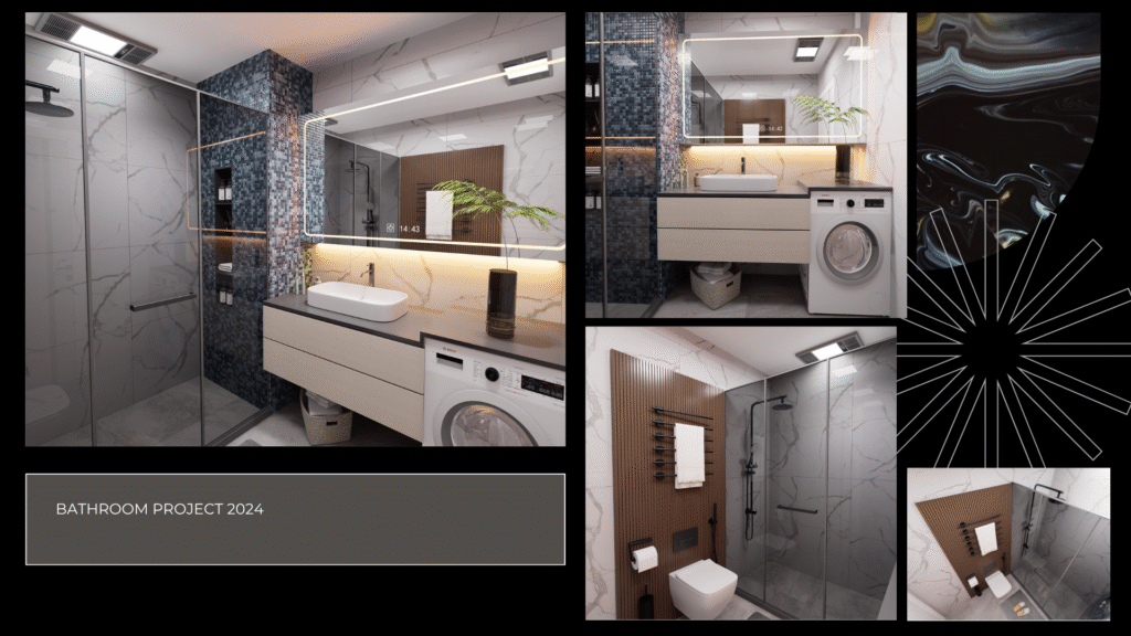 Banyo Projesi 2024. Mermer, ahşap ve mozaik detaylı modern banyo tasarımı. LED ayna, duşakabin ve çamaşır alanı 3D iç mimari projesi.