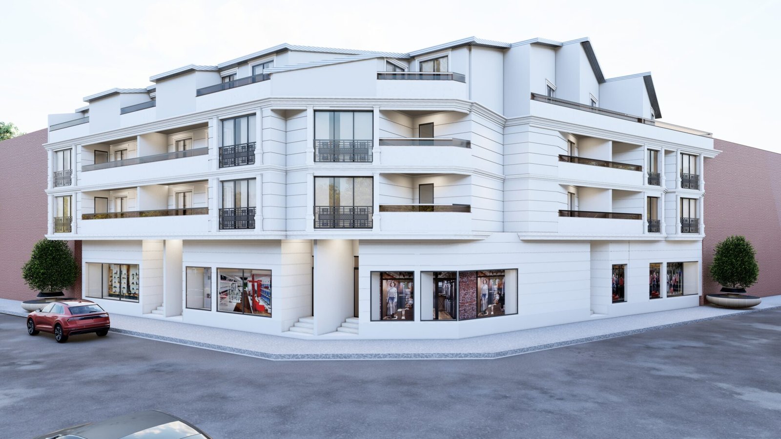 köşe parselde klasik cepheli apartman ve dükkan tasarımı