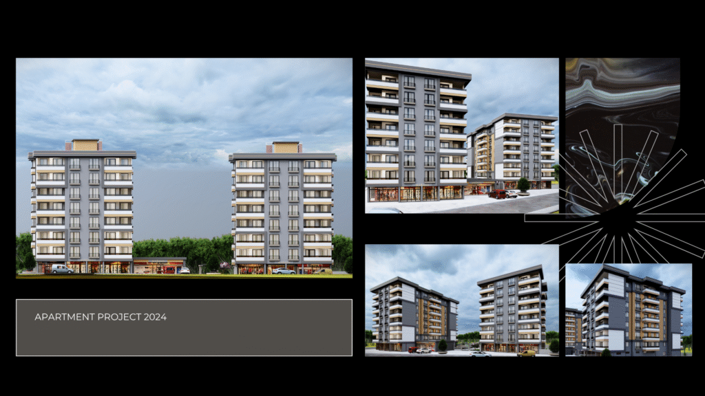 (Apartment Project 2024) "Apartman Projesi 2024. Mimar Abdullah Çetin tasarımı modern konut projesi. Dış cephe 3D render görselleri, planlama ve mimari detaylar.
