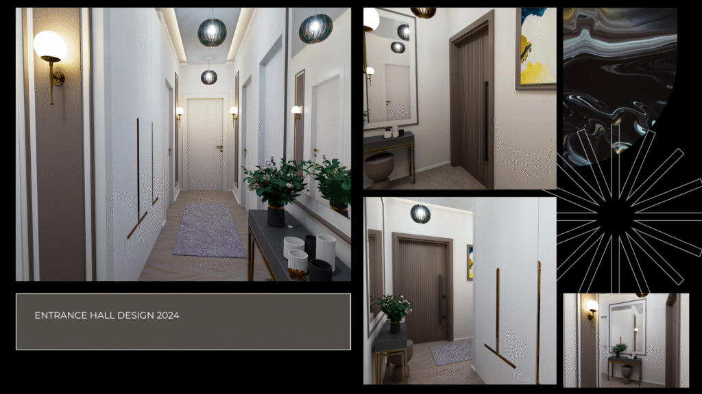Antre Tasarımı 2024. Modern ve şık giriş holü iç mimari projesi. Aynalı dresuar, gömme dolap ve dekoratif aydınlatma 3D renderları.