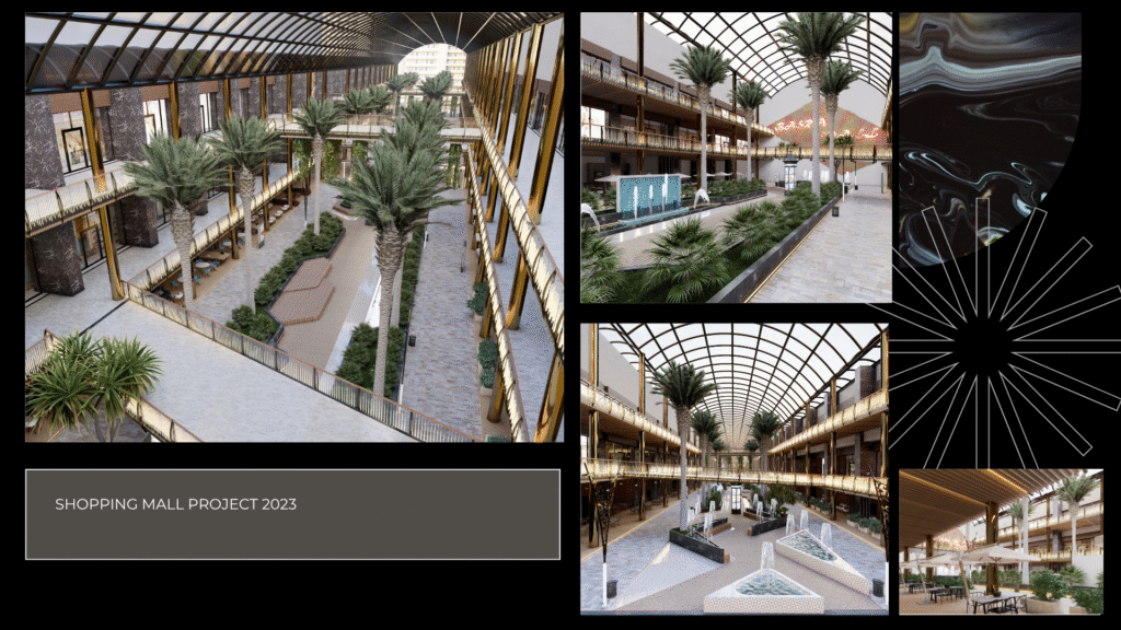 Alışveriş Merkezi Projesi 2023. Cam tavanlı (atrium) AVM iç mekanı. Katlar arası galeri, peyzaj ve havuz tasarımı. Ticari mimari 3D render.