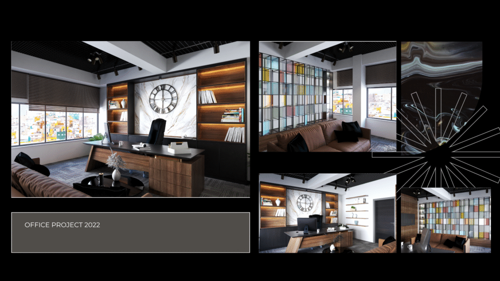 Ofis Projesi 2022. Modern yönetici ofisi iç mimari tasarımı. Mermer duvar, ahşap kütüphane, makam masası ve toplantı alanı 3D renderları