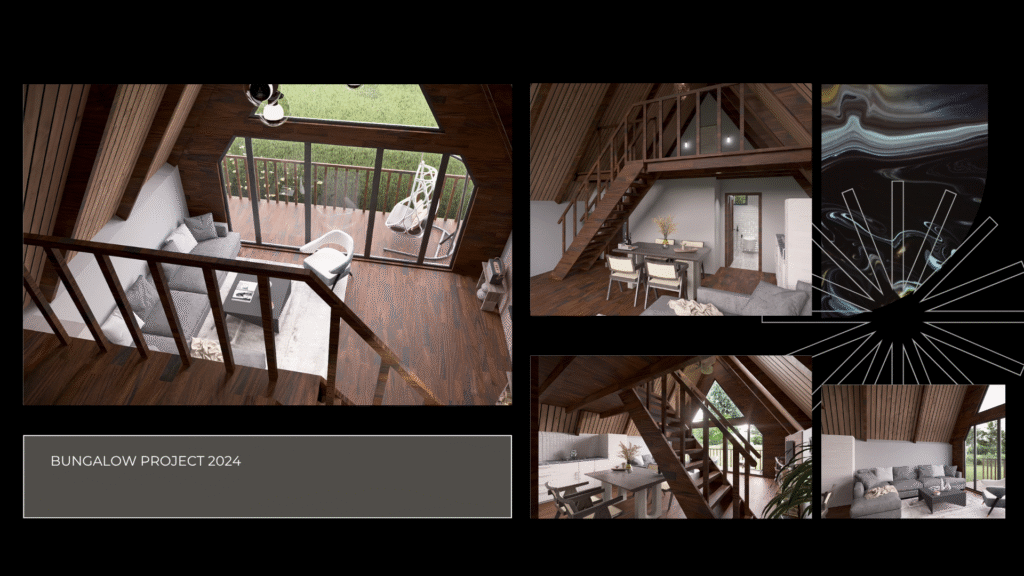 Bungalov Projesi 2024 İç Mekan. A-frame ahşap evin asma katlı oturma odası, merdiven ve mutfak alanı. 3D iç mimari görselleştirme.