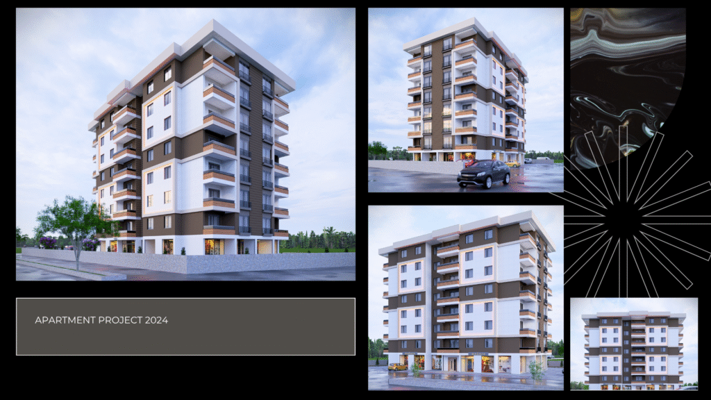 (Apartment Project 2024 - Alternatif) "Apartman Projesi 2024 (Tasarım 2). Modern konut binası dış cephe 3D render görselleri. Mimar Abdullah Çetin mimari portfolyo çalışması."
