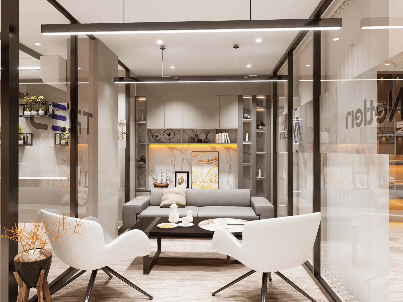 Ofis koridoru toplantı alanı modern kurumsal iç mimari tasarımı | XLine Mimarlık